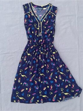 ModCloth Dress Novelty XXS Navy Blue Cafe Au Soleil Tropical Birds Sleeveless